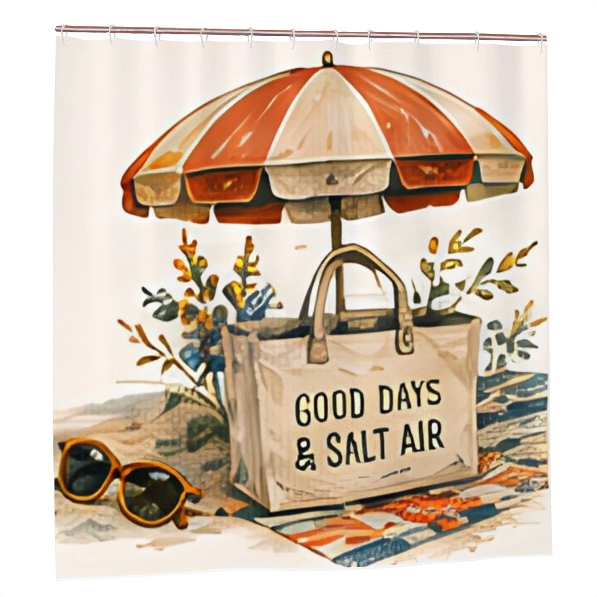 Beach themed shower curtain featuring an orange striped umbrella, tote bag, and sunglasses.