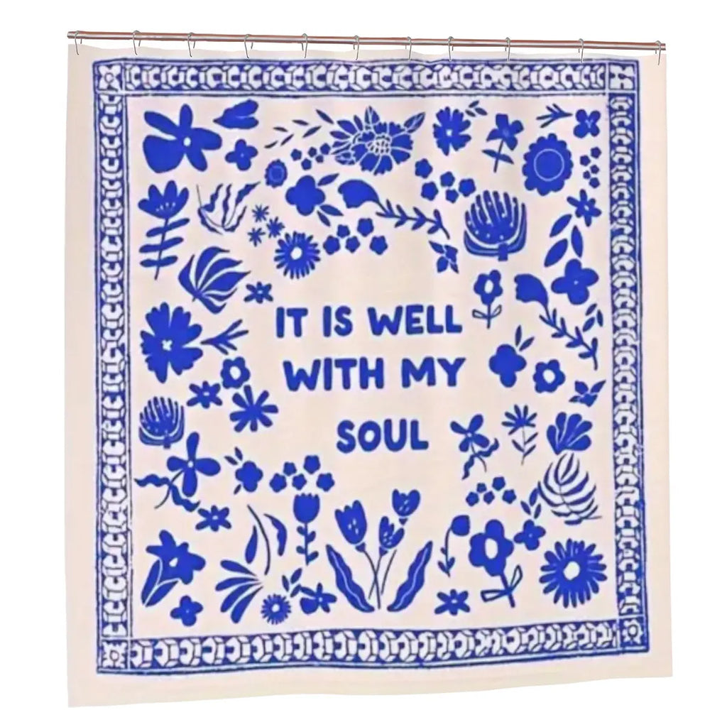 Sandy Beach "It Is Well With My Soul" shower curtain featuring religious text and calming design for bathroom decor.
