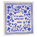 Sandy Beach "It Is Well With My Soul" shower curtain featuring religious text and calming design for bathroom decor.