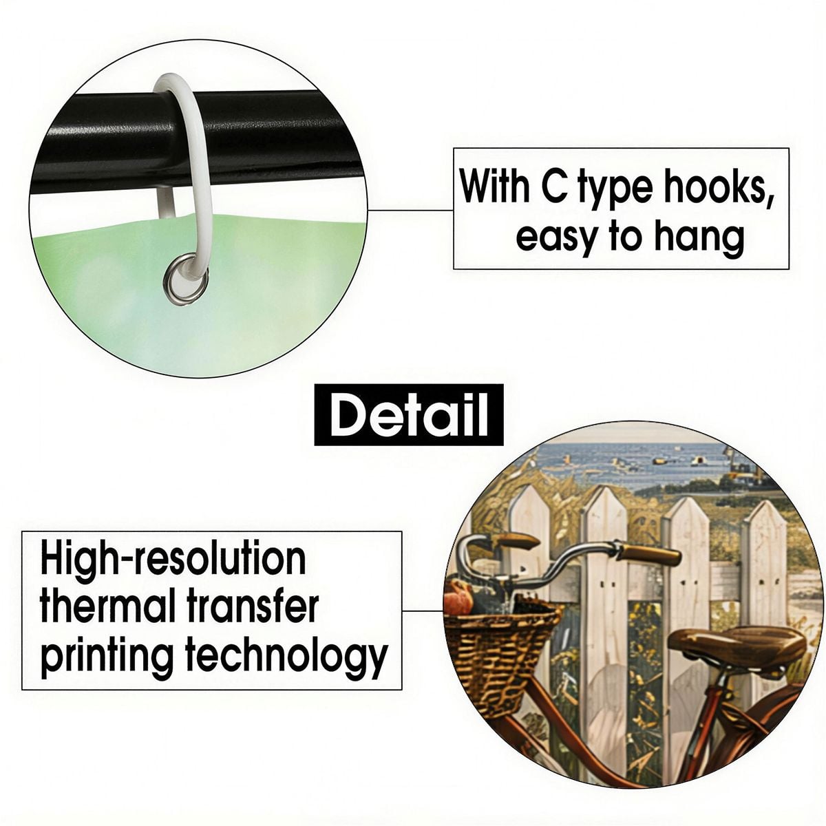 Close-up of C-type hooks for easy hanging and high-resolution thermal transfer printing detail.