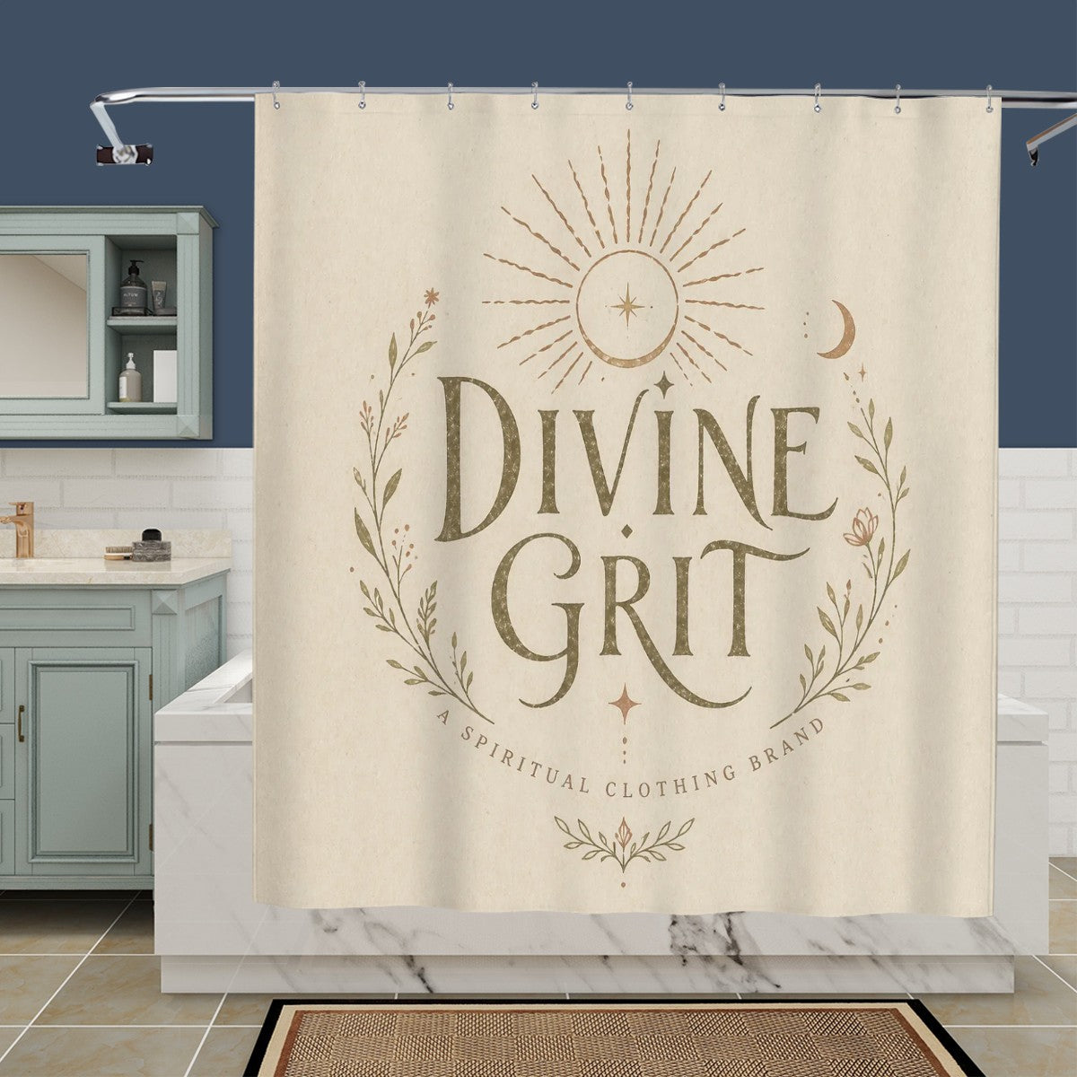 Vintage-inspired bathroom decor shower curtain featuring a spiritual strength quote, with mystical design elements by Sandy Beach.
