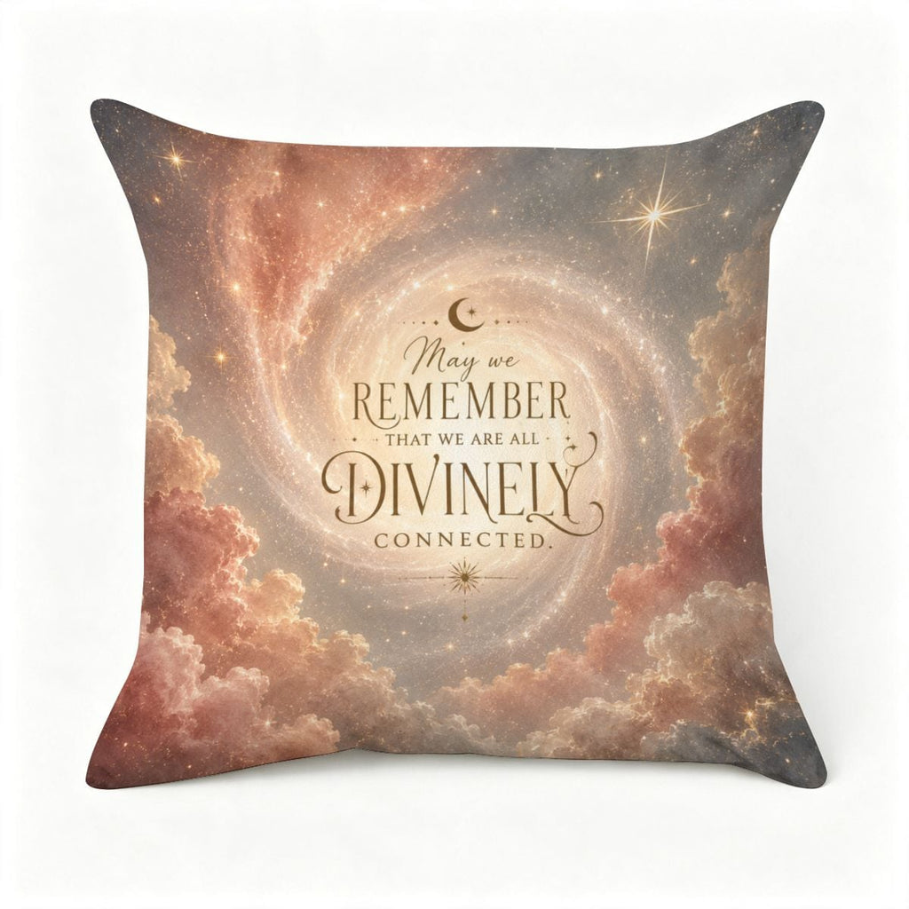 Decorative throw pillow featuring a cosmic galaxy swirl and spiritual quote on clouds.
