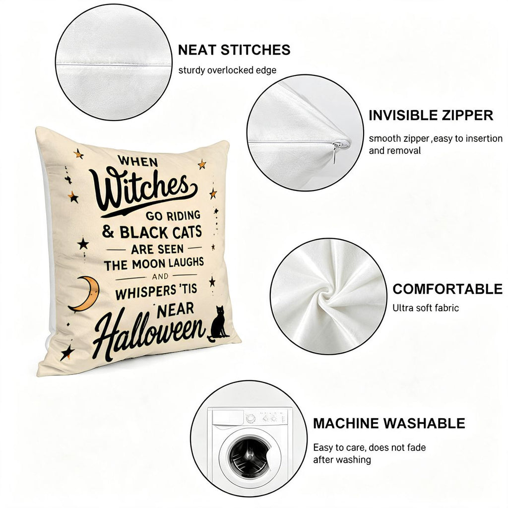Halloween decorative throw pillow with witch and black cat typography and features.