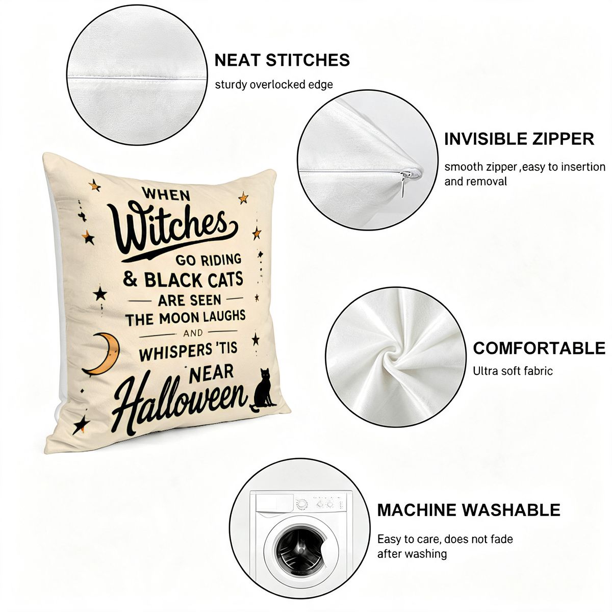 Halloween decorative throw pillow with witch and black cat typography and features.