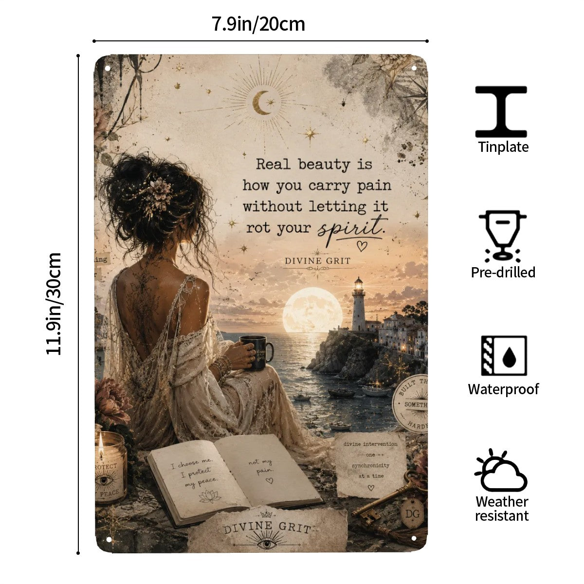 Inspirational garden flag with woman by lighthouse and quote Real beauty is how you carry pain.