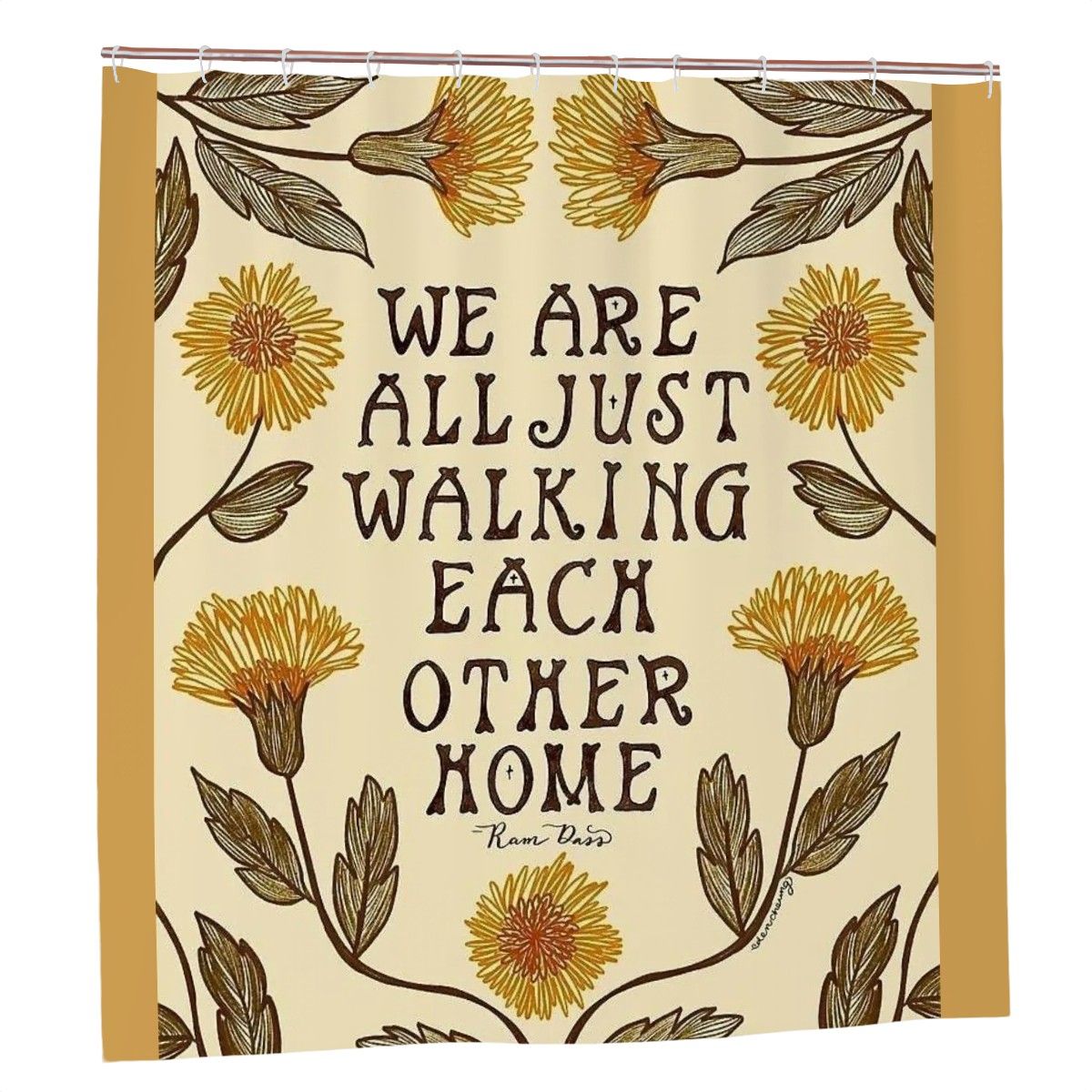 Cream shower curtain with yellow floral illustrations and Ram Dass quote text.