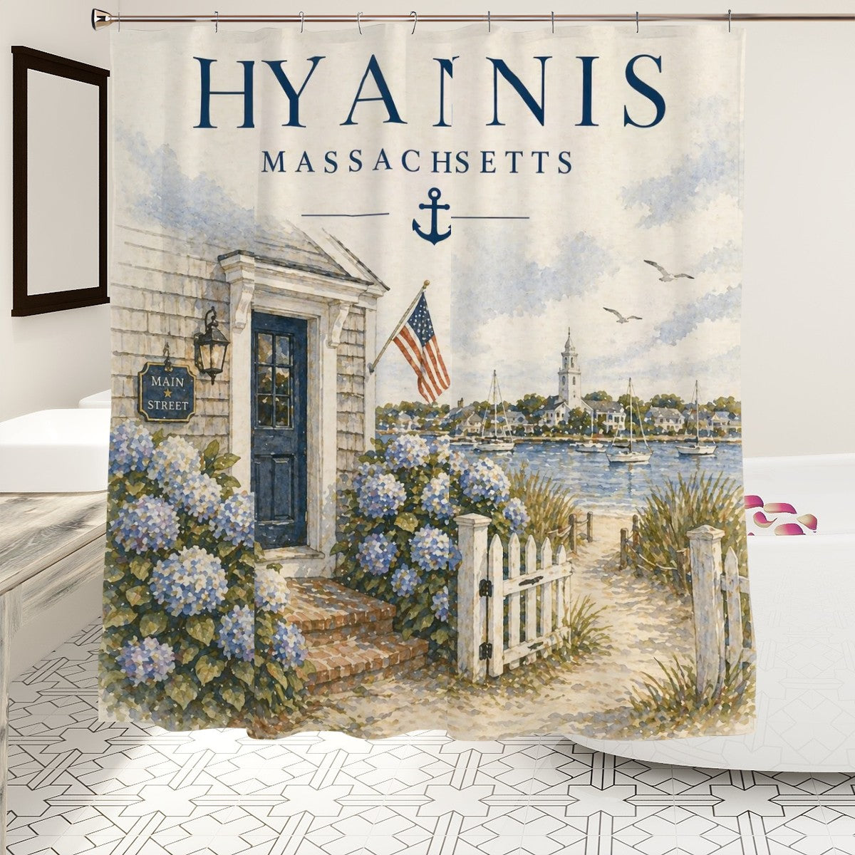 Sandy Beach bathroom decor shower curtain with ocean and sand design, hanging in a modern bathroom setting