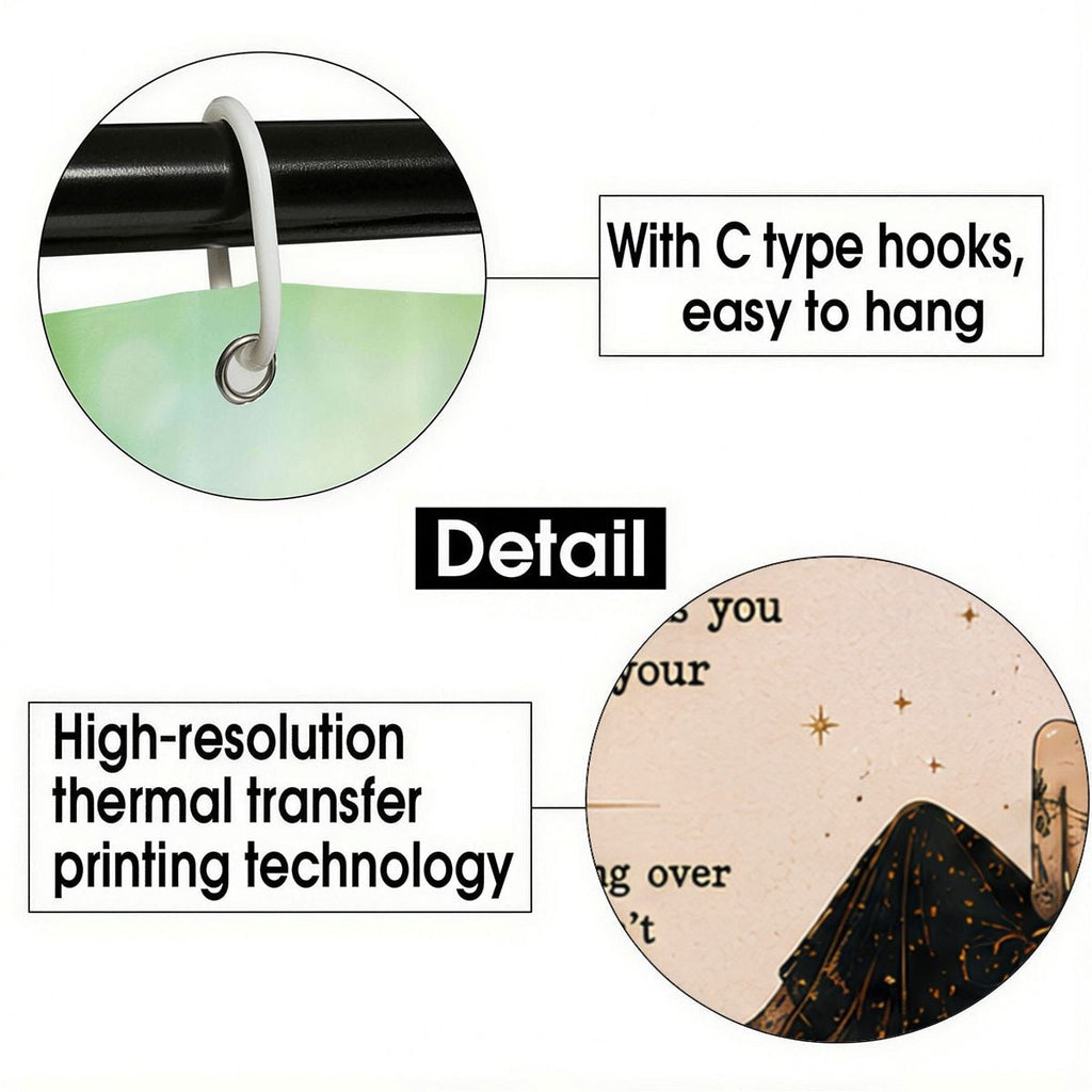 Detail view of C-type shower curtain hooks and high-resolution thermal transfer print texture.