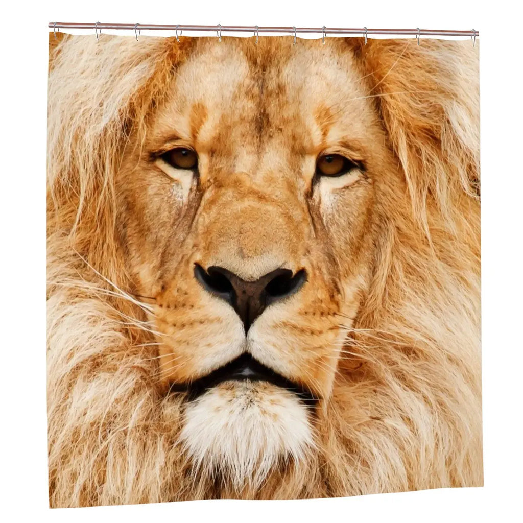 Majestic lion face shower curtain with bold lion design, perfect for bathroom decor from Sandy Beach.