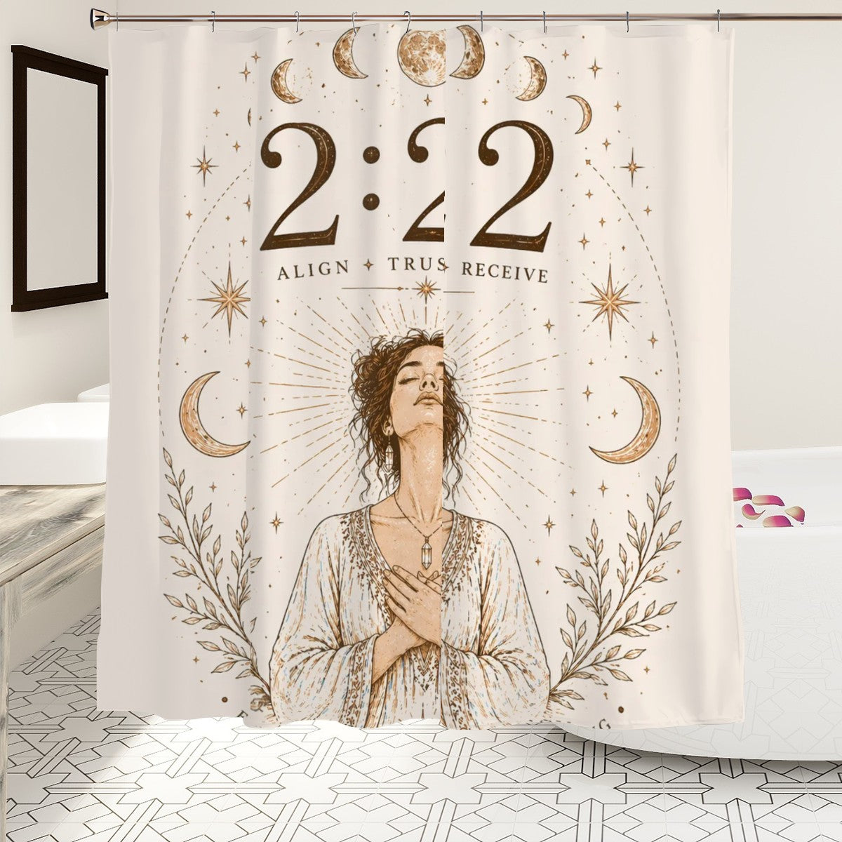 Sandy Beach 222 Angel Number shower curtain with spiritual angel numerology and boho aesthetic for bathroom decor and divine timing.