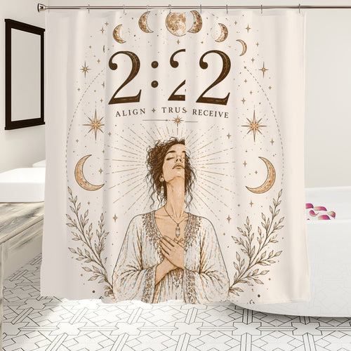 Sandy Beach 222 Angel Number shower curtain with spiritual angel numerology and boho aesthetic for bathroom decor and divine timing.