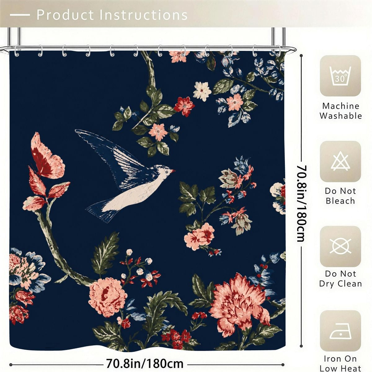 Navy blue floral shower curtain with bird and pink flower pattern, 70.8 x 70.8 inches.