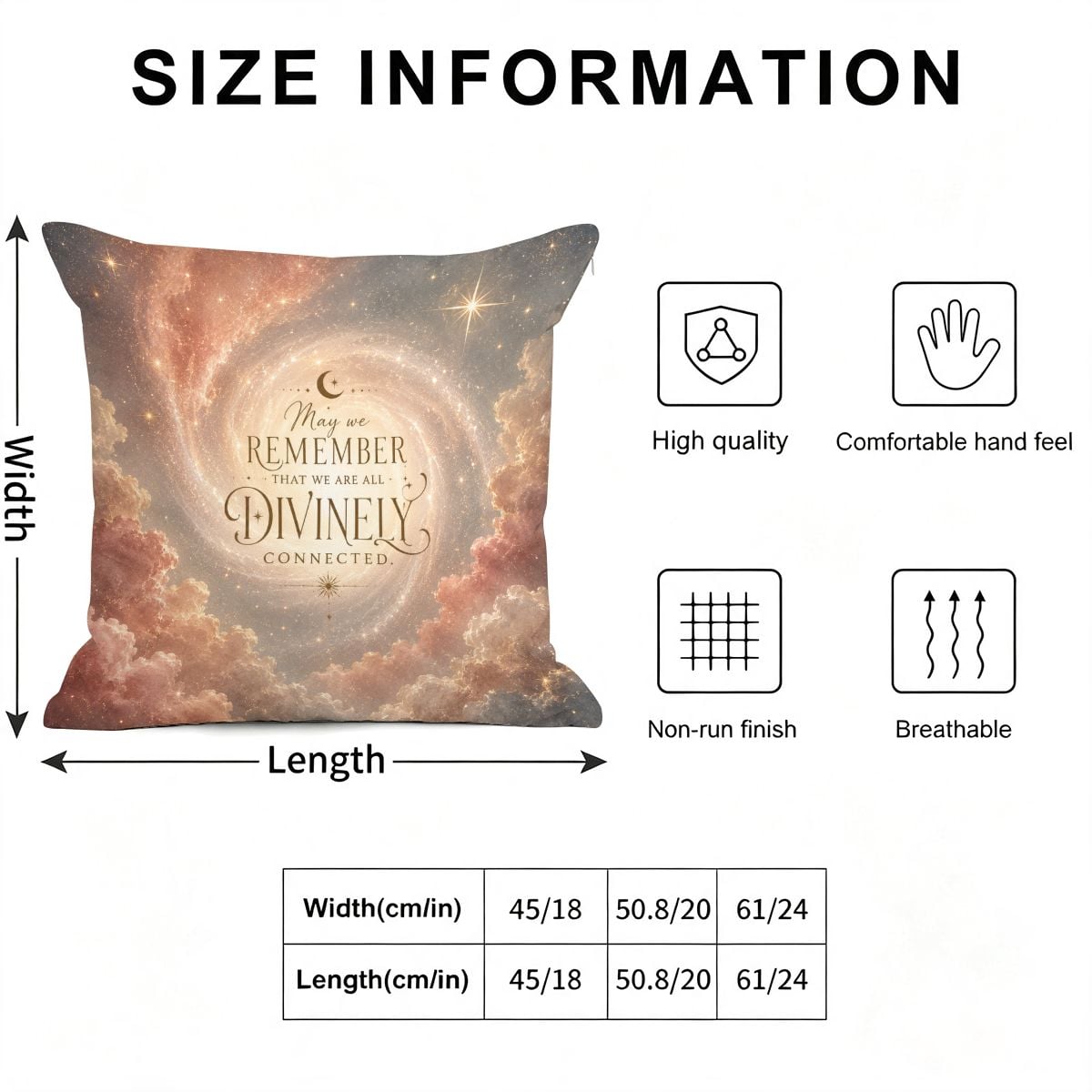 Galaxy themed decorative pillow with divine connection quote and size chart information.