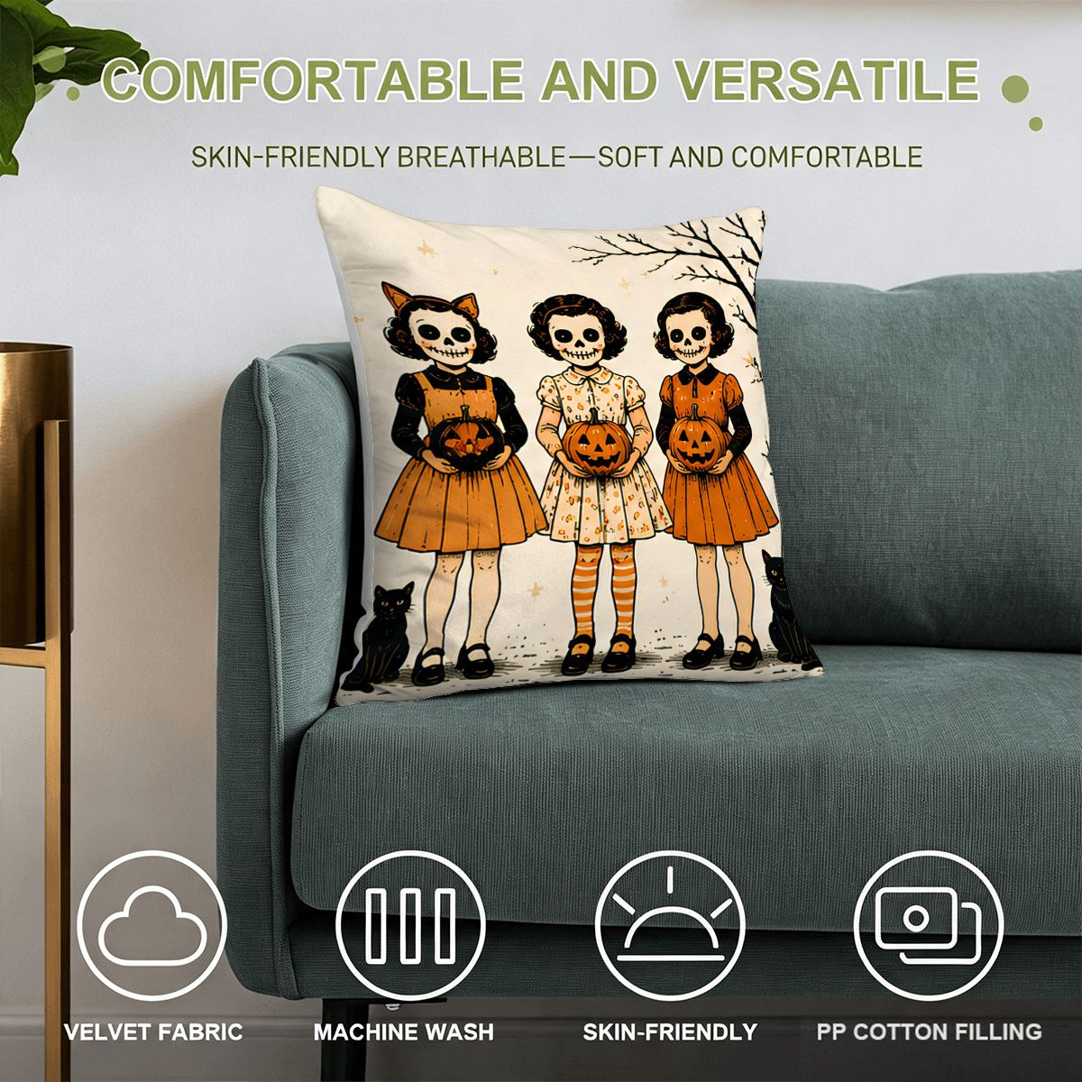 Halloween decorative throw pillow featuring three spooky skeleton girls holding pumpkins on a sofa.