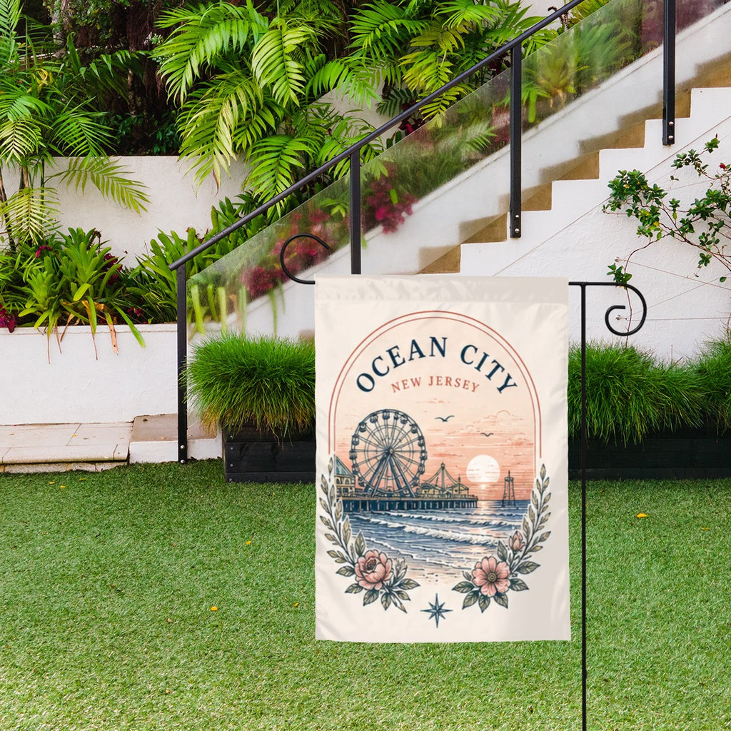 Colorful Sandy Beach garden flags yard decoration displayed outdoors, ideal for enhancing garden decor.