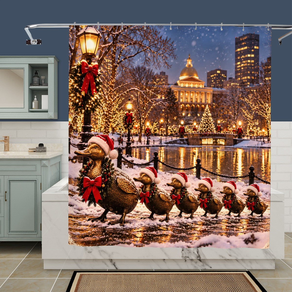 Boston Christmas Ducks Shower Curtain | Festive Winter Duck Parade