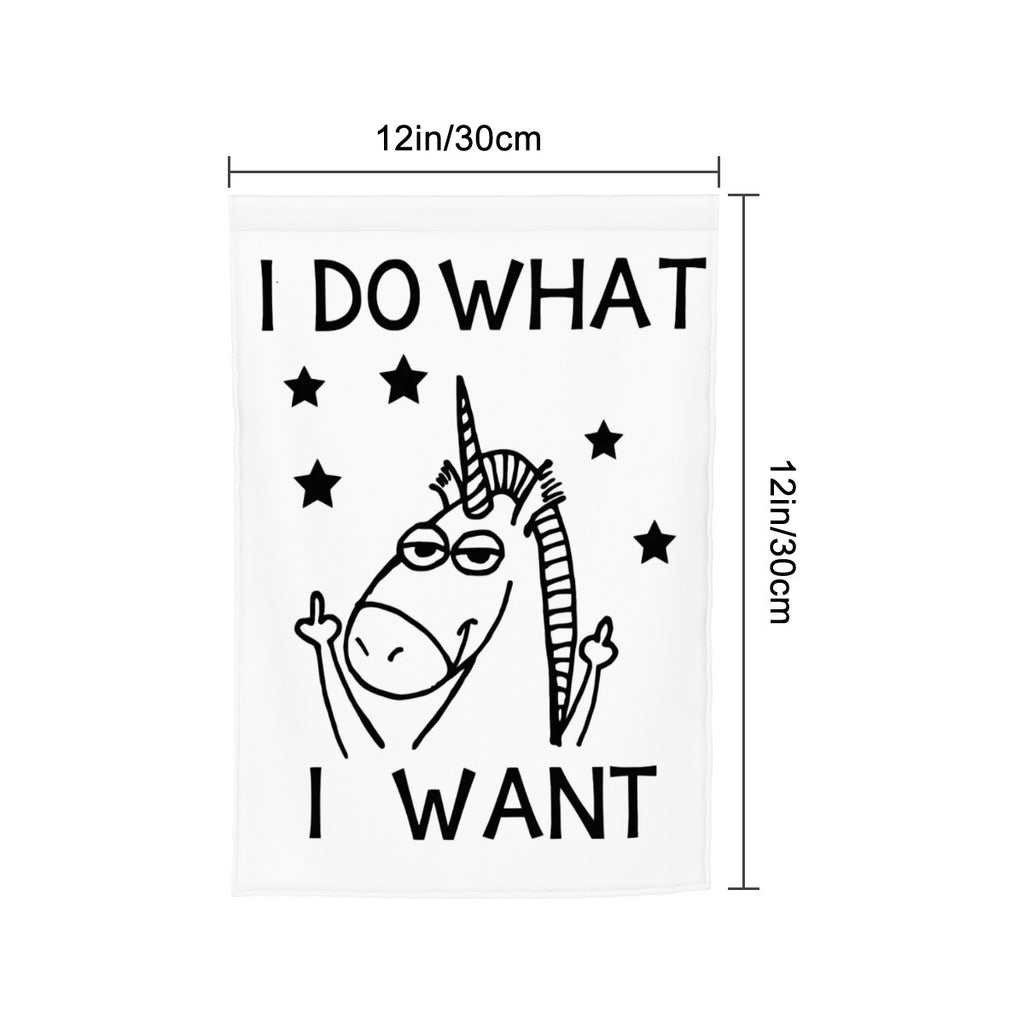 Colorful unicorn garden flag with "I Do What I Want" message, suitable for garden decor, by Sandy Beach.