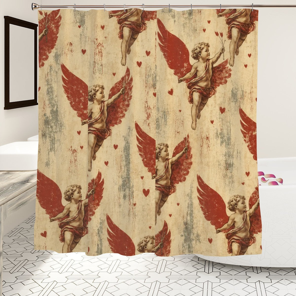 Vintage style shower curtain featuring red winged cherubs on a distressed cream background.