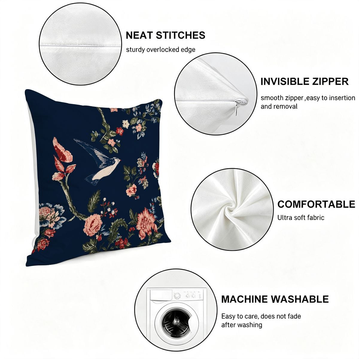 Navy blue floral throw pillow with bird print, featuring invisible zipper and soft fabric.
