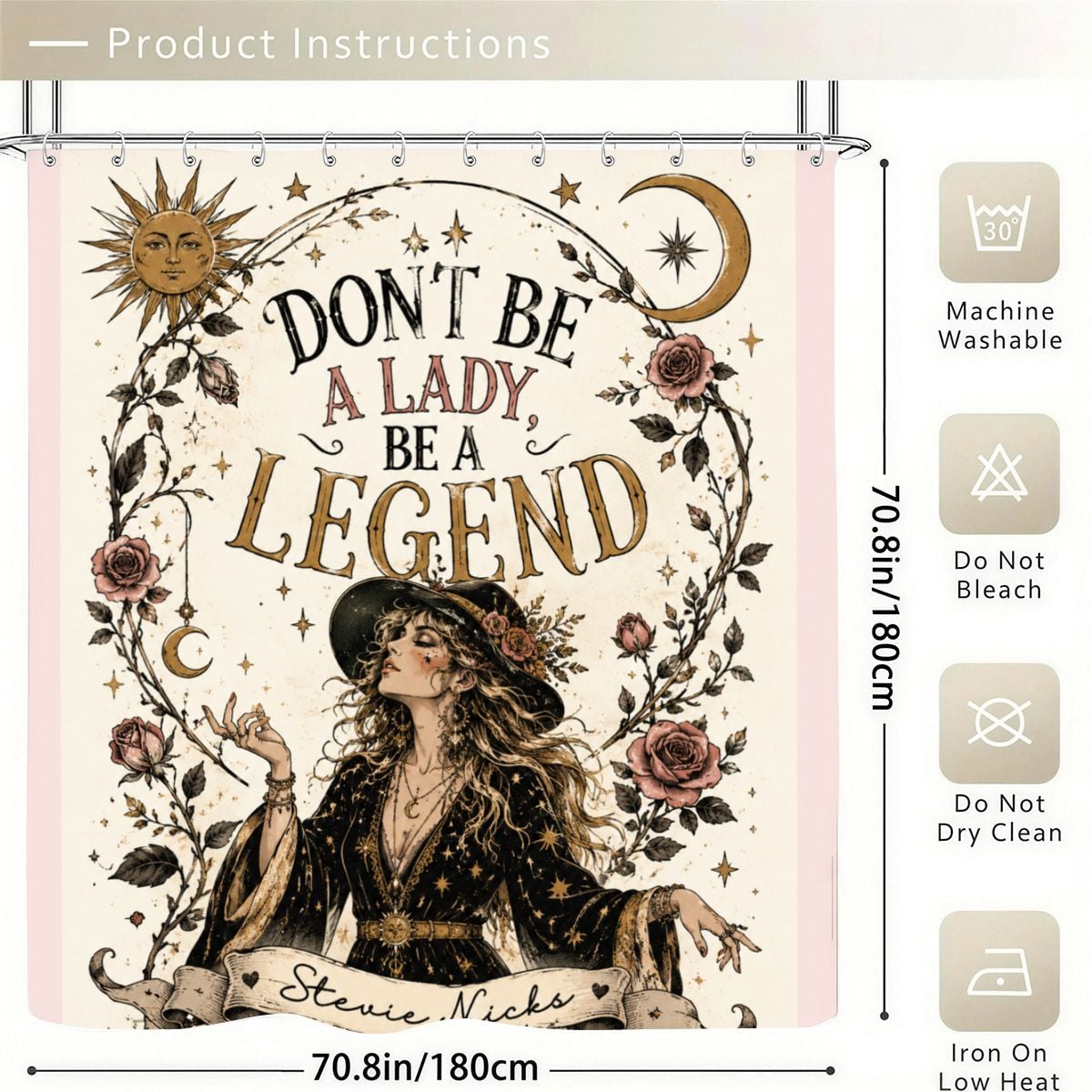 "Don't Be a Lady, Be a Legend" Stevie Nicks Shower Curtain | Boho Celestial Bathroom Decor
