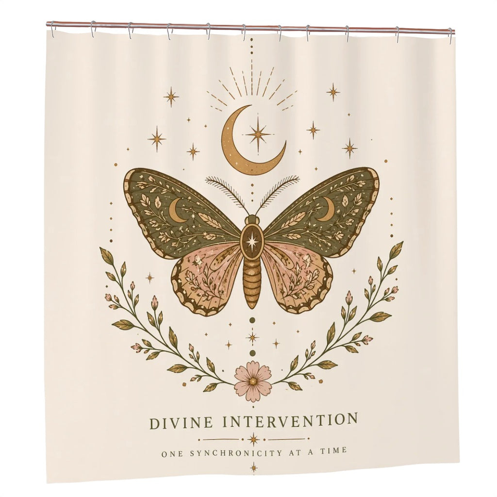 Divine Intervention butterfly shower curtain featuring celestial and boho design, perfect for spiritual bathroom decor.