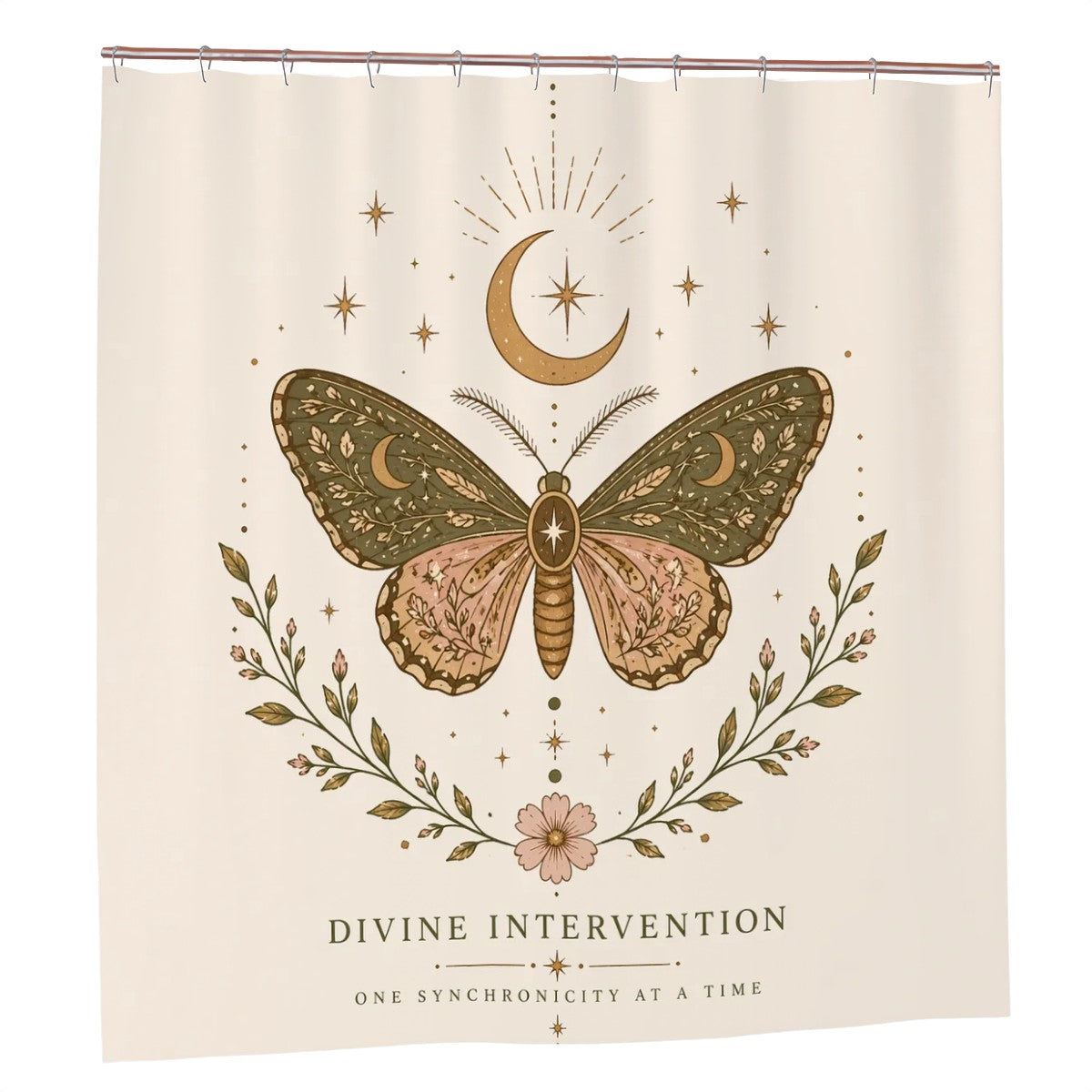 Divine Intervention butterfly shower curtain featuring celestial and boho design, perfect for spiritual bathroom decor.