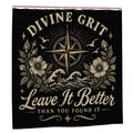 Black shower curtain with Divine Grit Leave It Better typography, compass, and floral design.