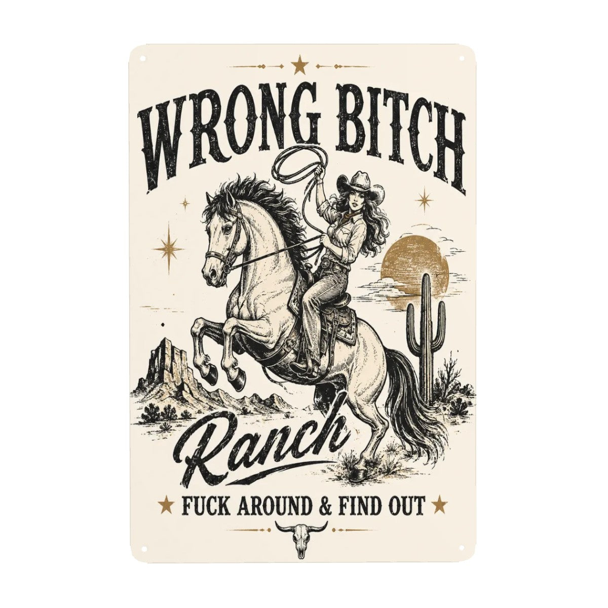 Western style metal sign featuring a cowgirl riding a bucking horse with desert landscape.