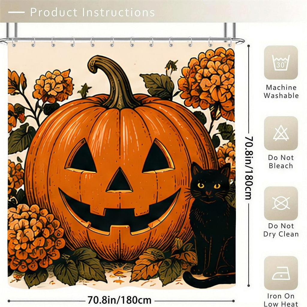 Halloween shower curtain featuring a jack-o'-lantern pumpkin and a black cat with orange flowers.