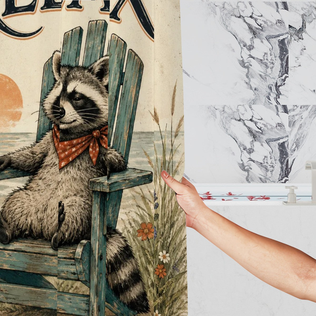 Vintage raccoon wearing a bandana sitting in a blue wooden chair on a decorative shower curtain.
