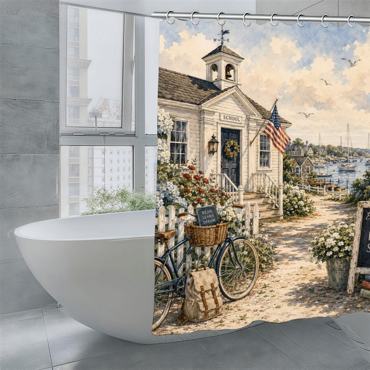 Vintage schoolhouse building with American flag and bicycle in a coastal garden setting.