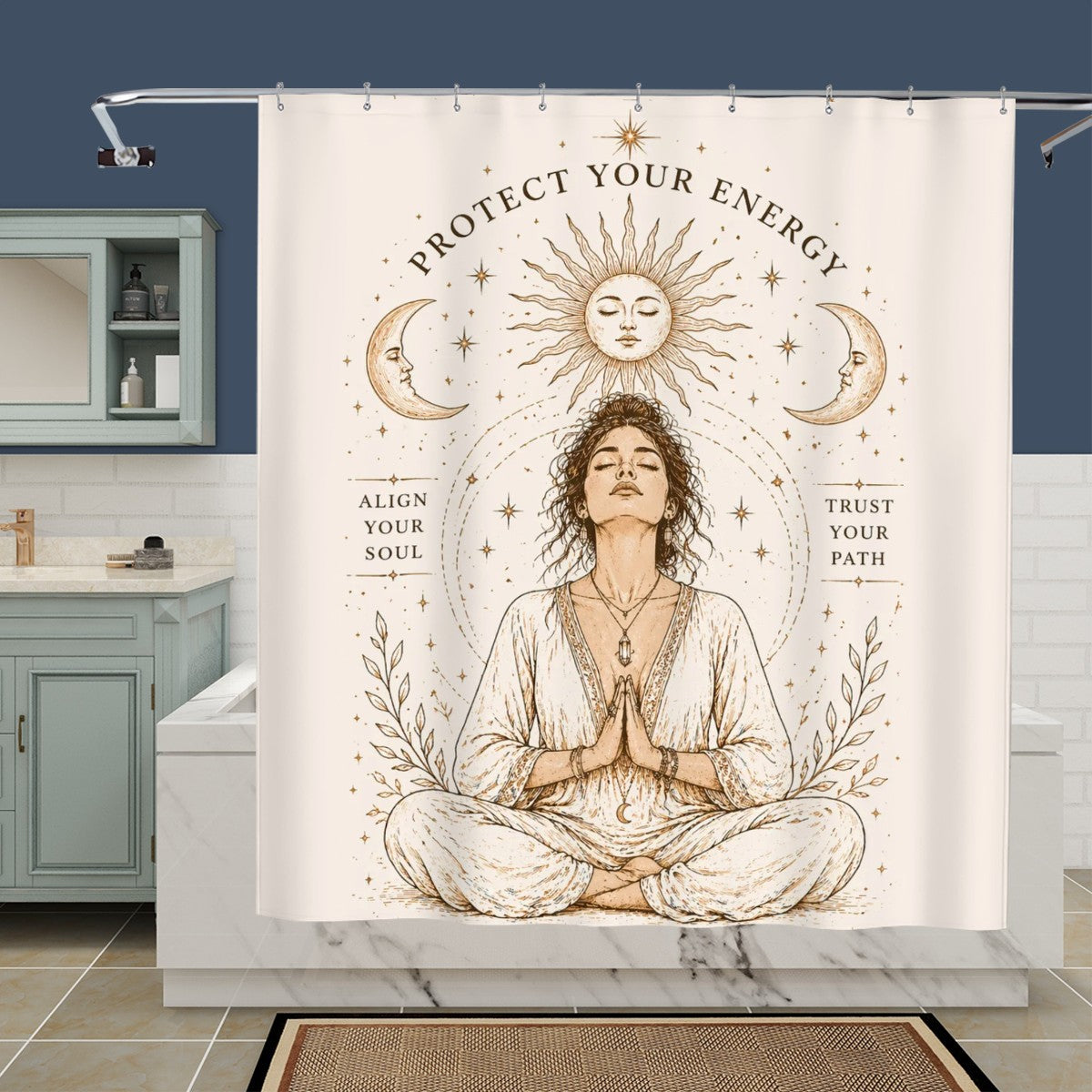 Sandy Beach bathroom decor shower curtain with ocean wave pattern hanging in a modern shower stall