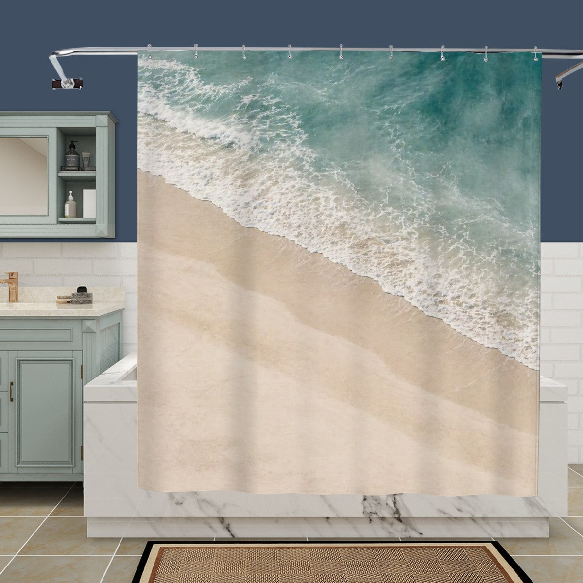 Sandy Beach bathroom decor shower curtain with ocean-inspired design hanging in a modern bathroom setting