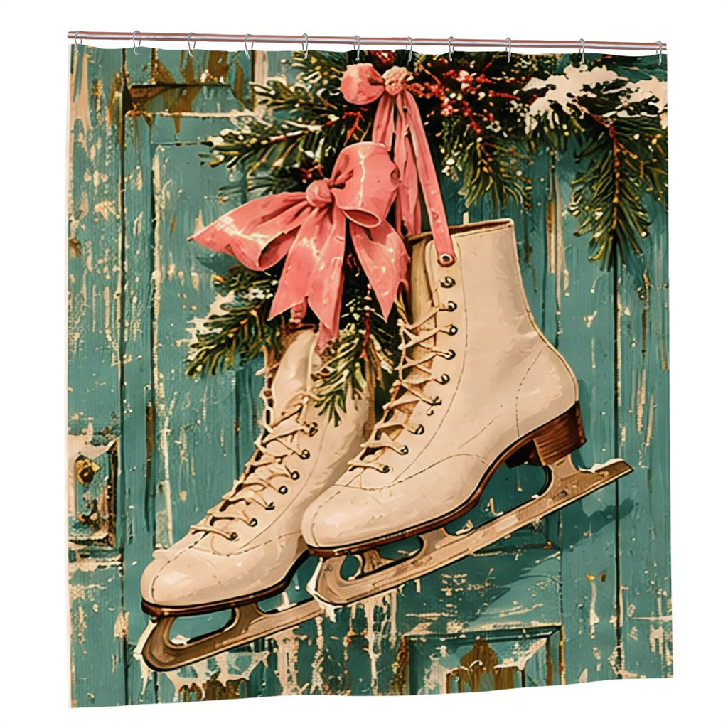Vintage Ice Skates Christmas Shower Curtain | Pink Bow & Rustic Green Door