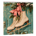 Vintage Ice Skates Christmas Shower Curtain | Pink Bow & Rustic Green Door