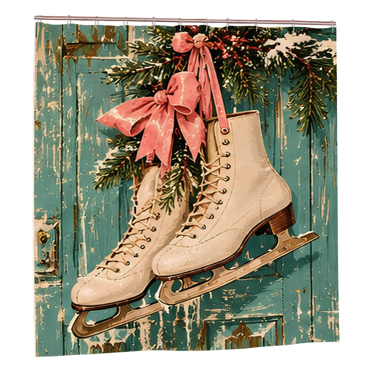 Vintage Ice Skates Christmas Shower Curtain | Pink Bow & Rustic Green Door