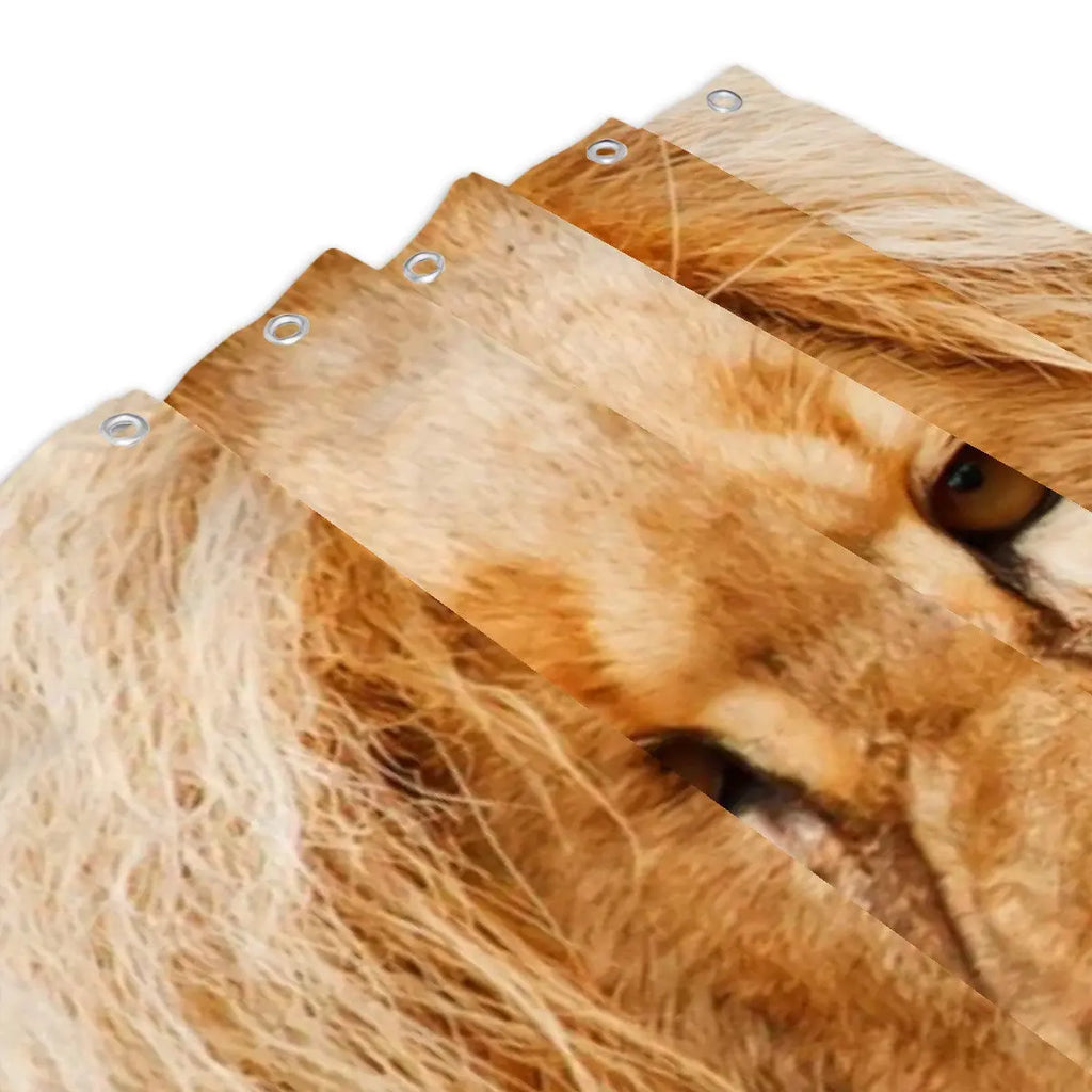 Majestic lion face shower curtain with bold lion design, ideal for bathroom decor from Sandy Beach.
