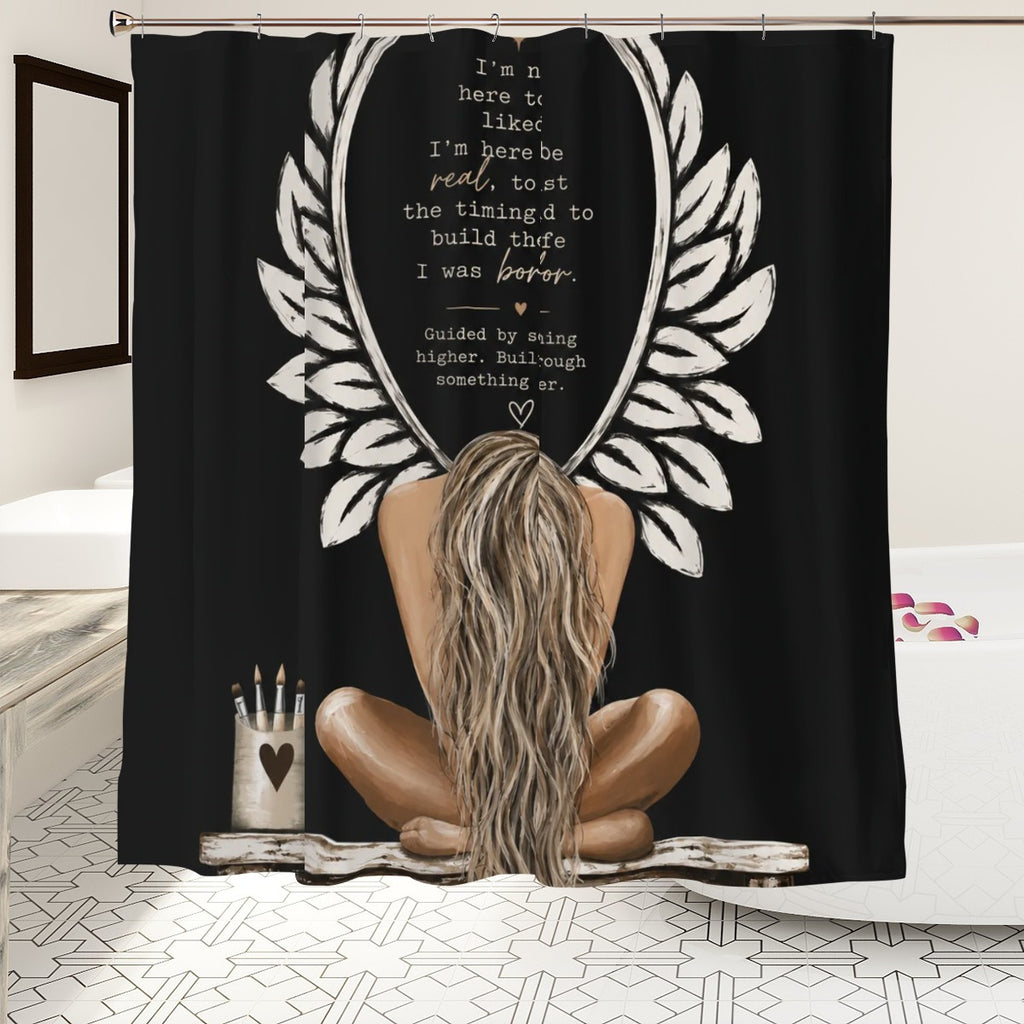 Black shower curtain featuring a woman with long wavy hair and inspirational quote in a wreath.