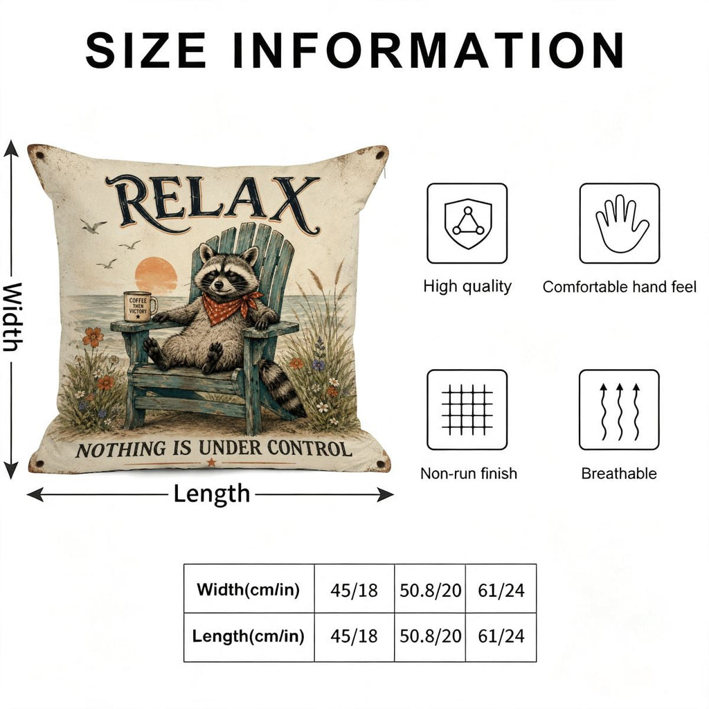 Relax raccoon decorative throw pillow with coffee and vintage text in various sizes.