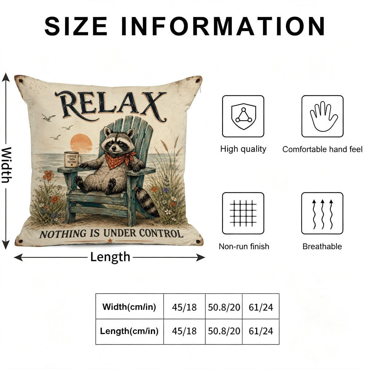 Relax raccoon decorative throw pillow with coffee and vintage text in various sizes.