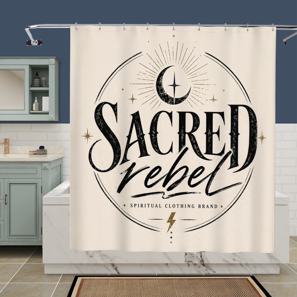 Sacred Rebel minimalist logo shower curtain by Sandy Beach, modern spiritual bathroom decor with neutral tones.
