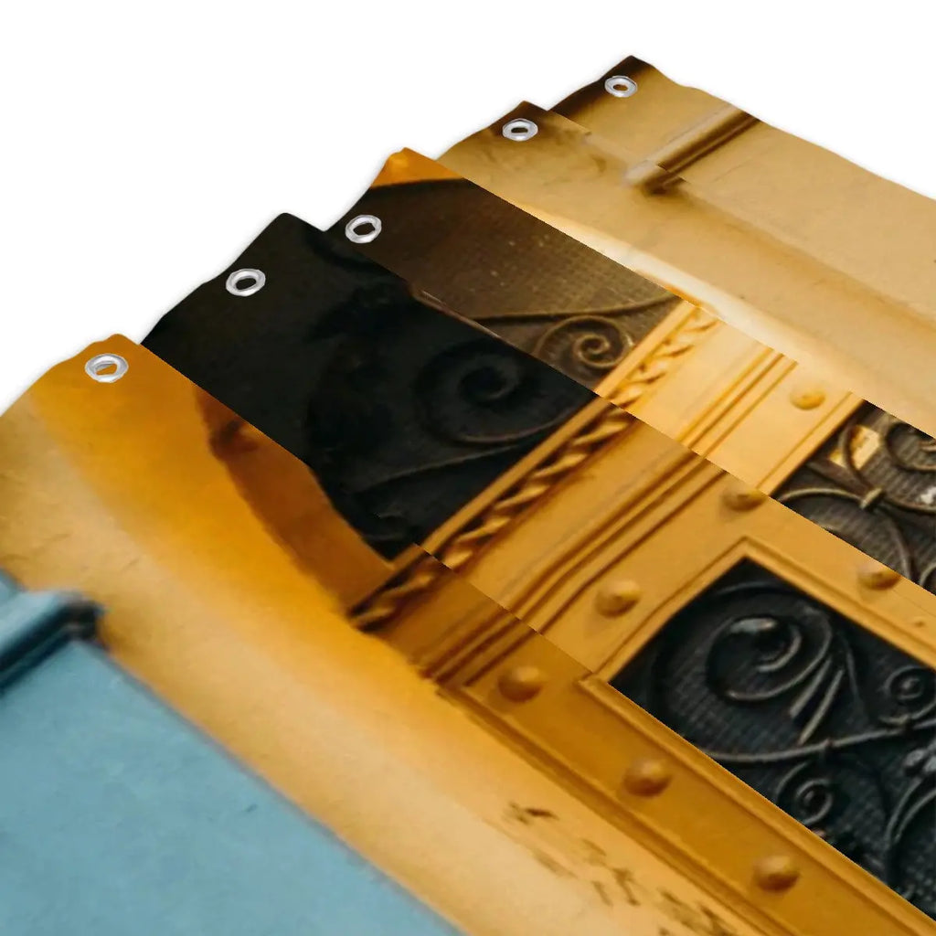 Vintage yellow bathroom shower curtain with door design from Sandy Beach, adds retro charm to bathroom decor.