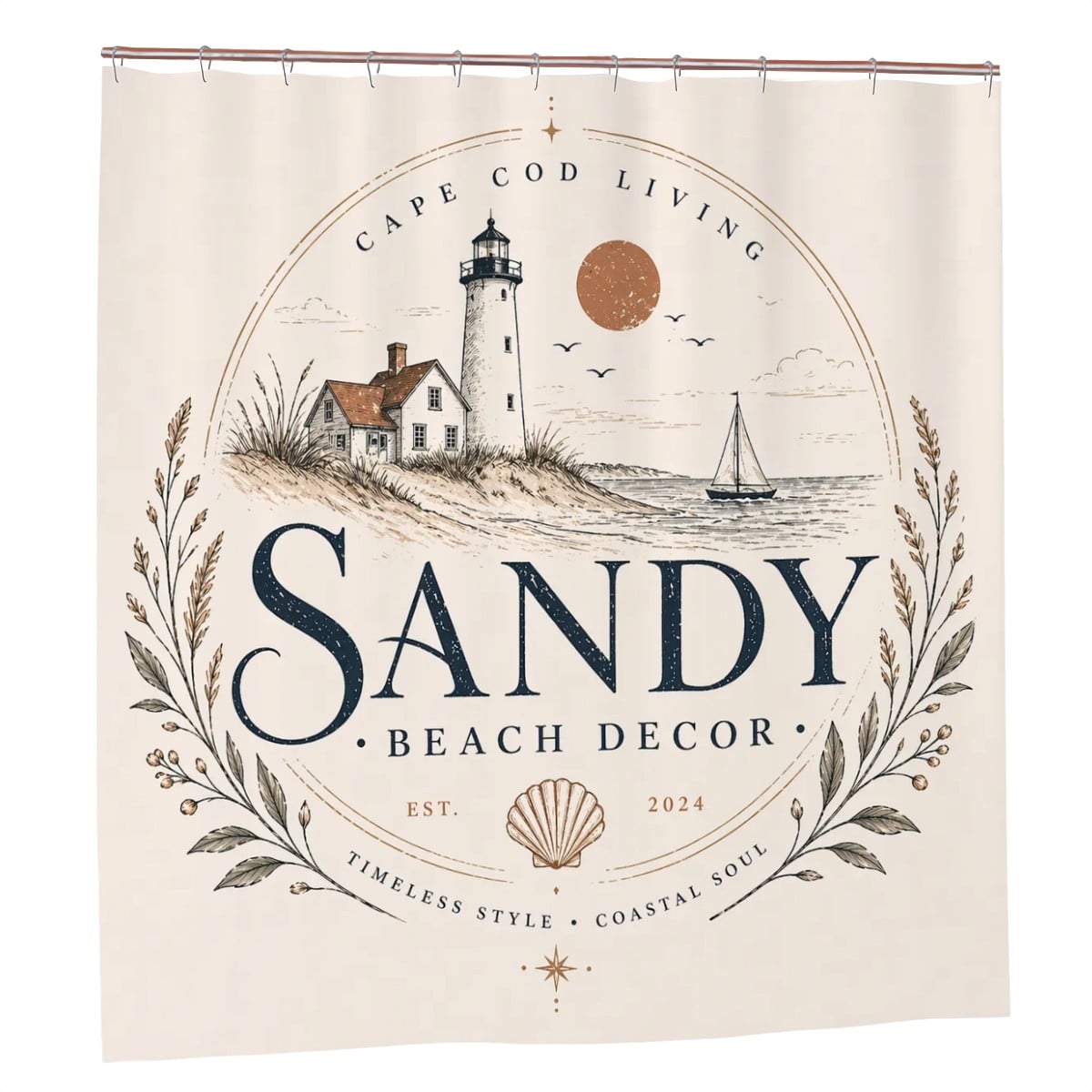 Sandy Beach bathroom decor shower curtain with a beach scene featuring sand, sea, and sky for a coastal bathroom style.