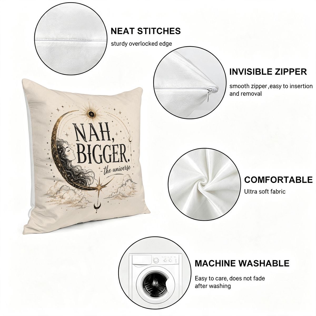 Decorative cream throw pillow with celestial moon design and text 'Nah, Bigger the Universe'.