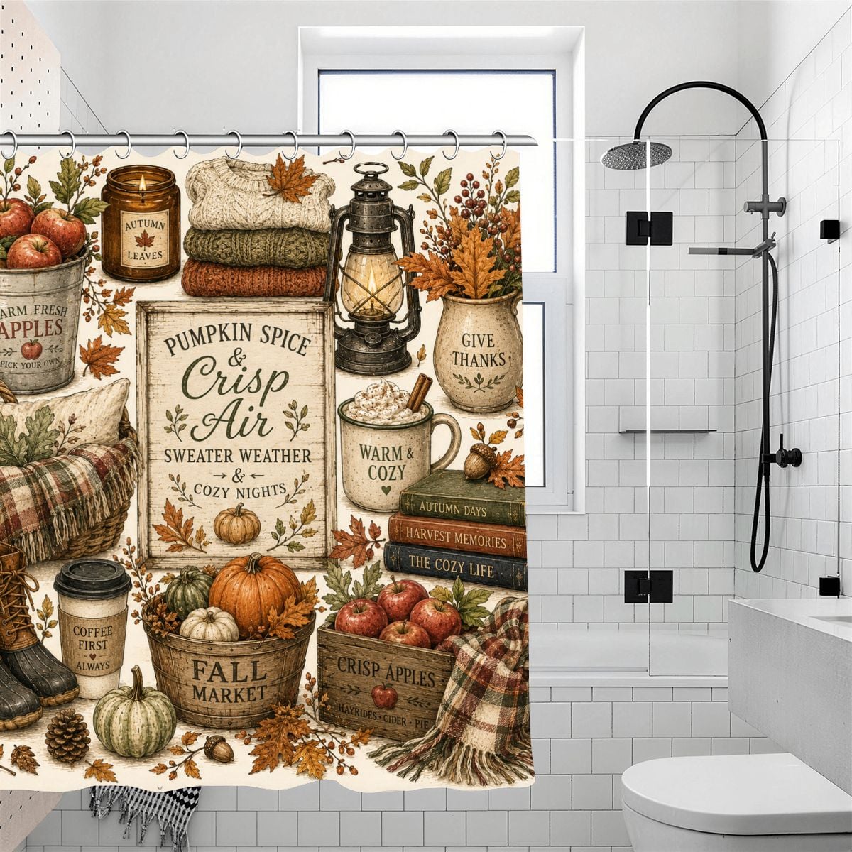 Autumn themed shower curtain with pumpkins, coffee, fall leaves, and cozy seasonal motifs.