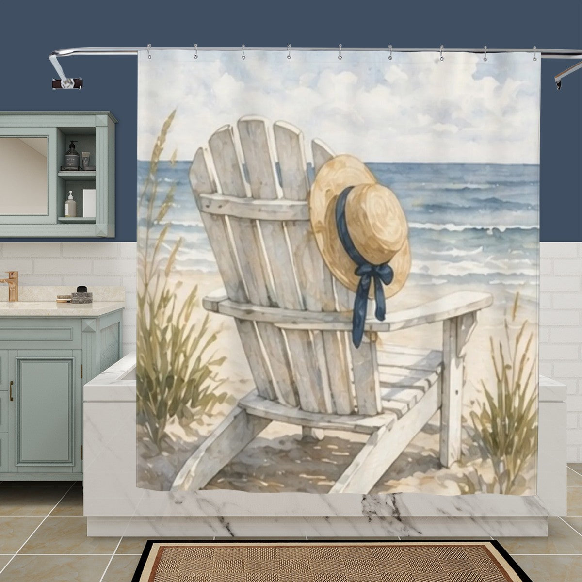 Sandy Beach bathroom decor shower curtain with ocean and sandy beach scene, water-resistant fabric, and vibrant seaside design.