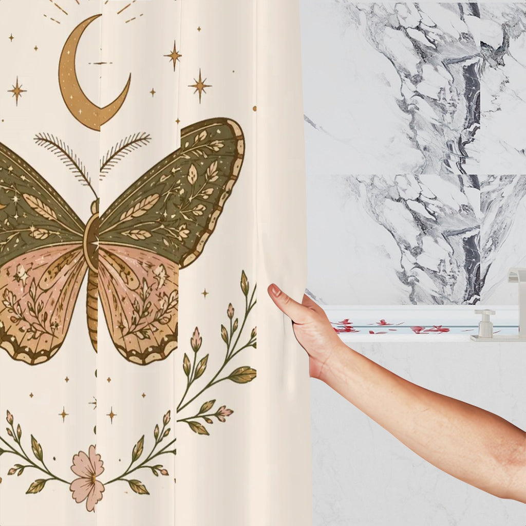 Divine Intervention butterfly shower curtain by Sandy Beach featuring celestial design for spiritual transformation bathroom decor.