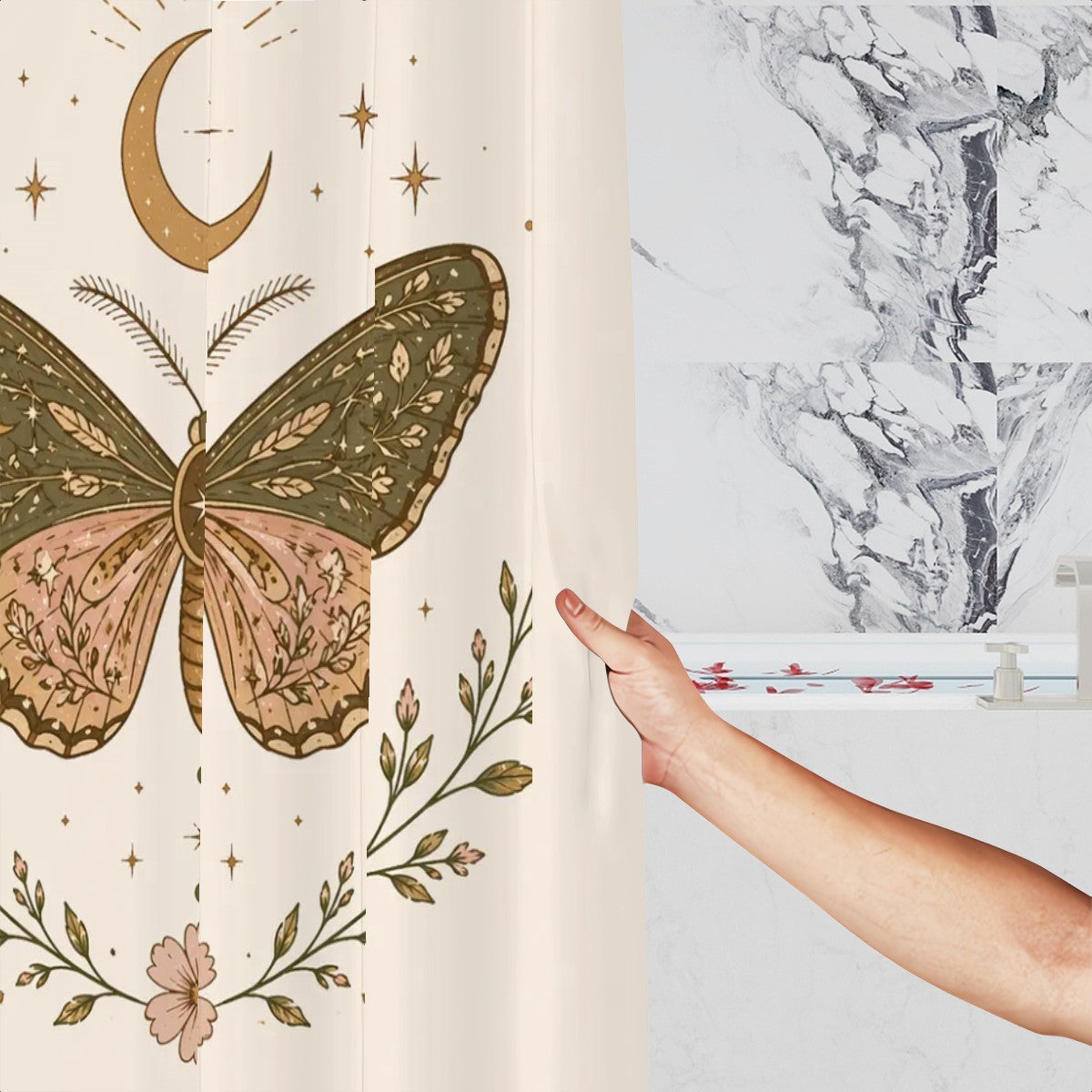 Divine Intervention butterfly shower curtain by Sandy Beach featuring celestial design for spiritual transformation bathroom decor.