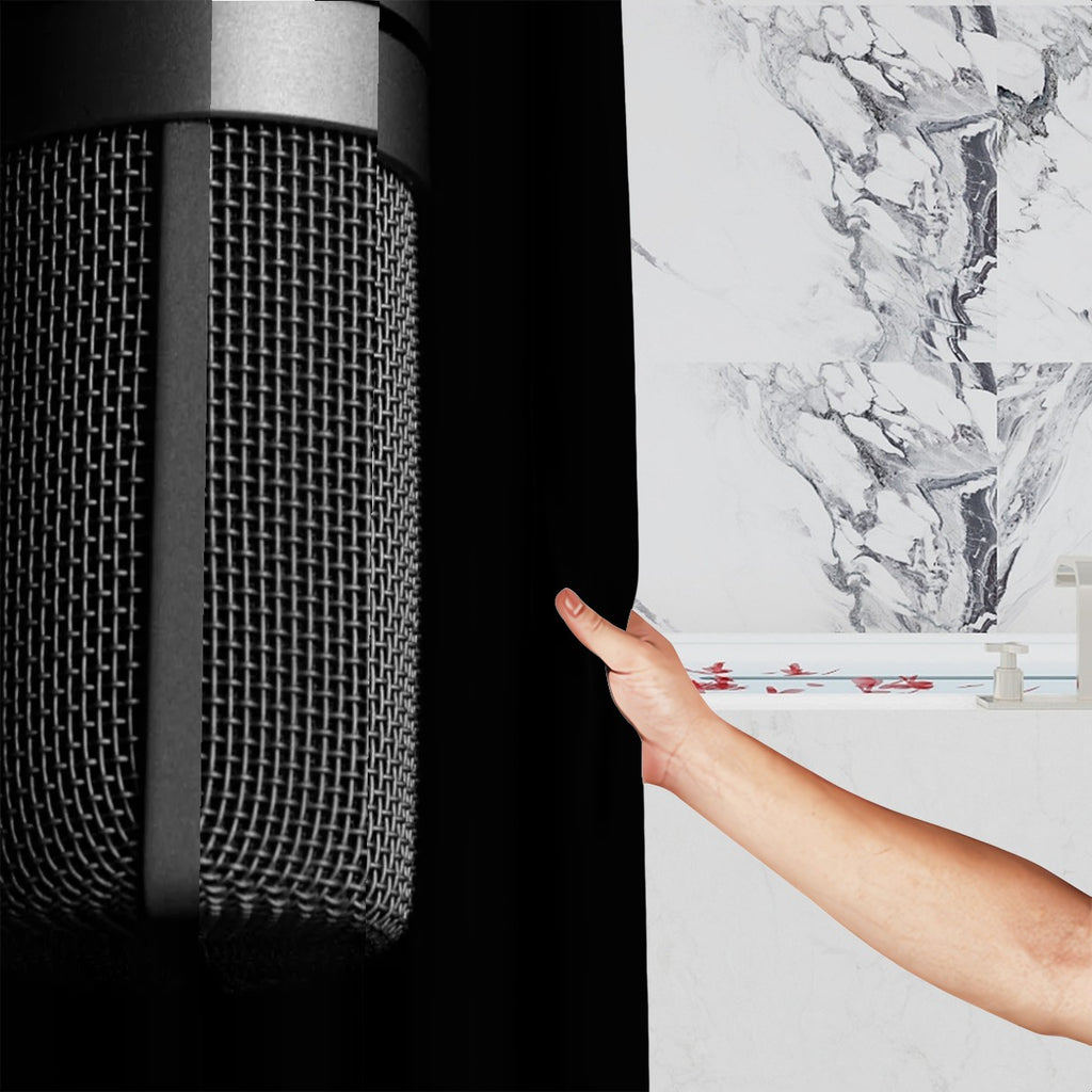 Sandy Beach studio microphone shower curtain with printed microphone design, ideal for bathroom decor.