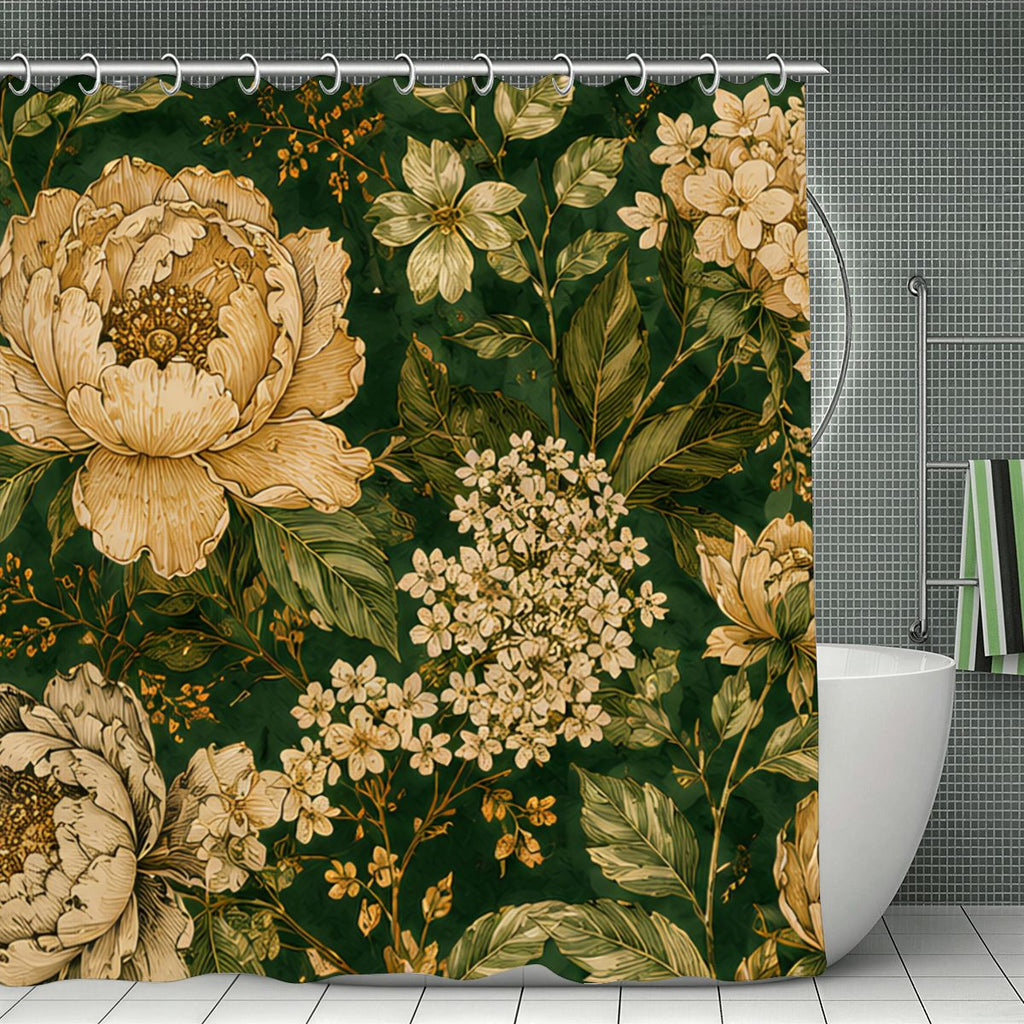 Dark Green Vintage Botanical Shower Curtain | Peony & Wildflower Bathroom Decor